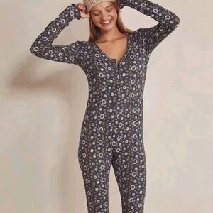 Nwt Free People Home Alone Long Johns Print Navy Blue Jumpsuit Onesie Size S